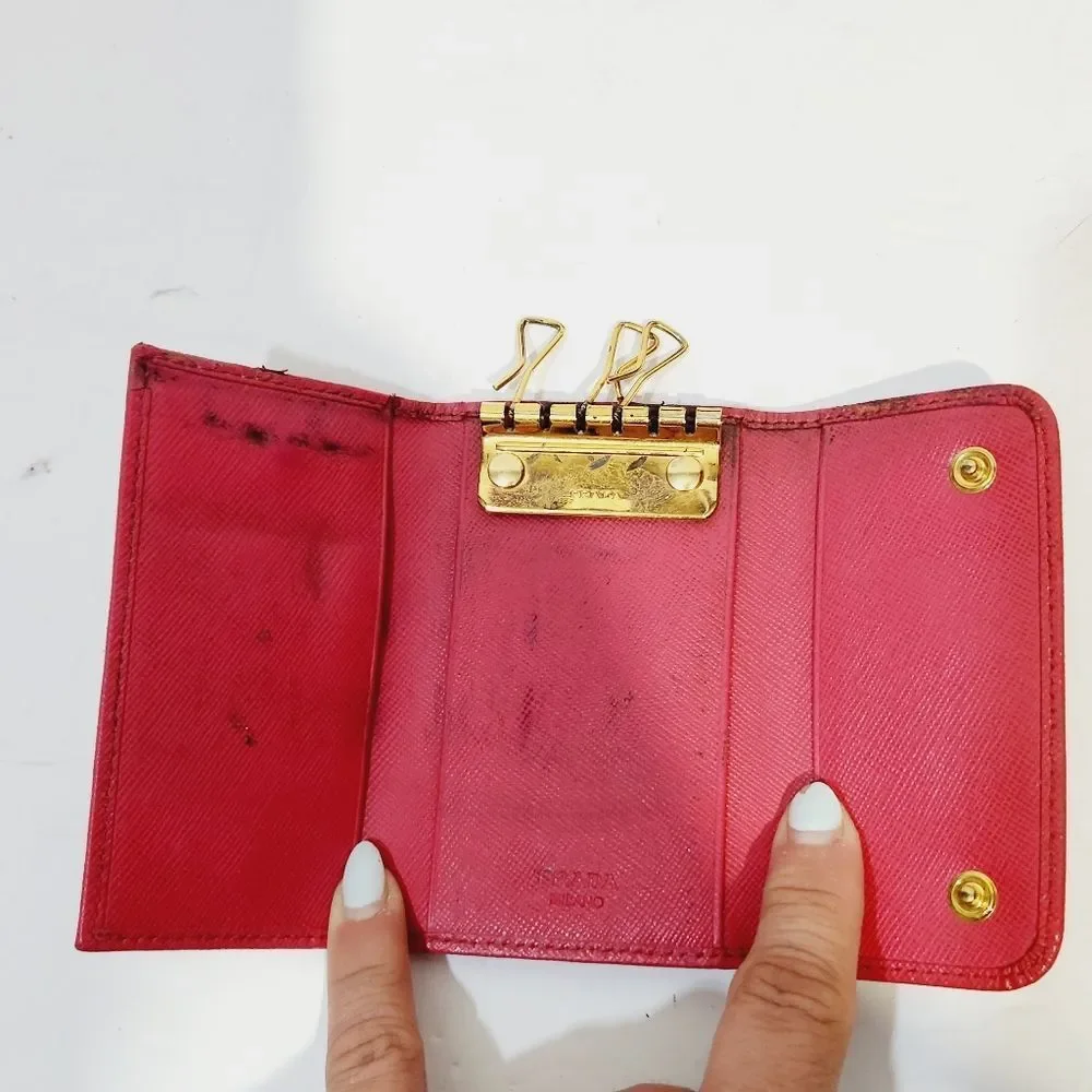PRADA authentic Saffiano leather red / pink key  card case with box